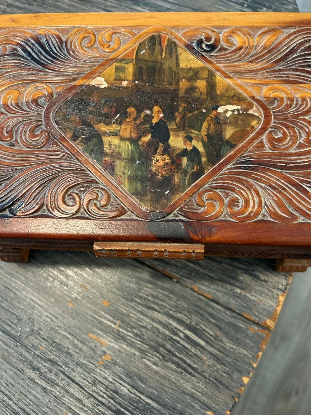 Hand-Carved Wooden Decorative Cedar Box in Warm Brown and Tan Cottage Core